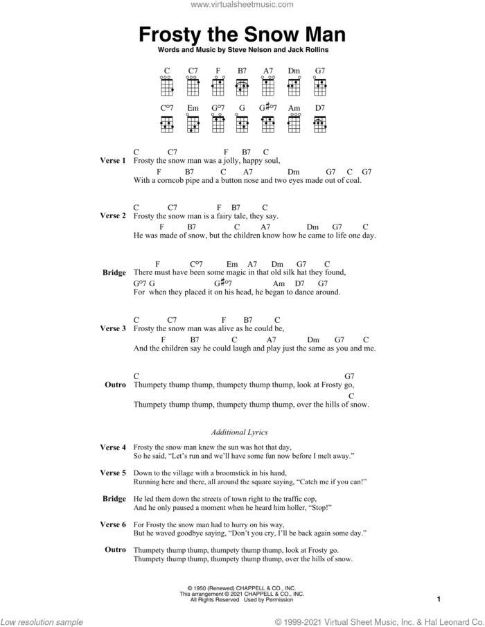 Frosty The Snow Man (arr. Fred Sokolow) sheet music for ukulele by Steve Nelson, Fred Sokolow and Jack Rollins, intermediate skill level