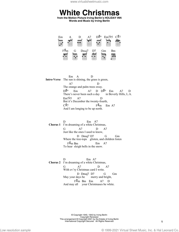 White Christmas (arr. Fred Sokolow) sheet music for ukulele by Irving Berlin and Fred Sokolow, intermediate skill level