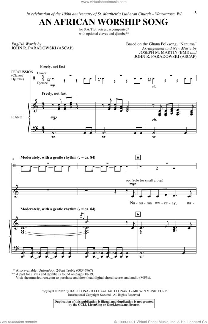 An African Worship Song sheet music for choir (SATB: soprano, alto, tenor, bass) by Joseph M. Martin and John R. Paradowski, Joseph M. Martin, Ghana Folksong and John R. Paradowski, intermediate skill level