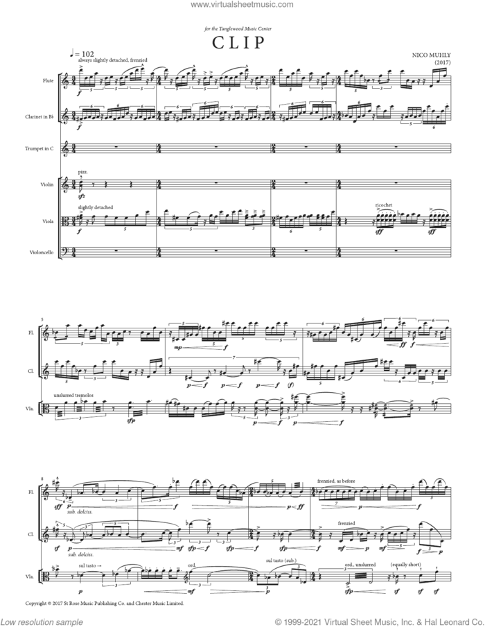 Clip sheet music for mixed ensemble (score) by Nico Muhly, classical score, intermediate skill level