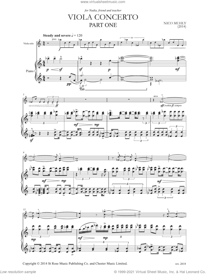 Viola Concerto (Viola and Piano Reduction) sheet music for viola solo by Nico Muhly, classical score, intermediate skill level