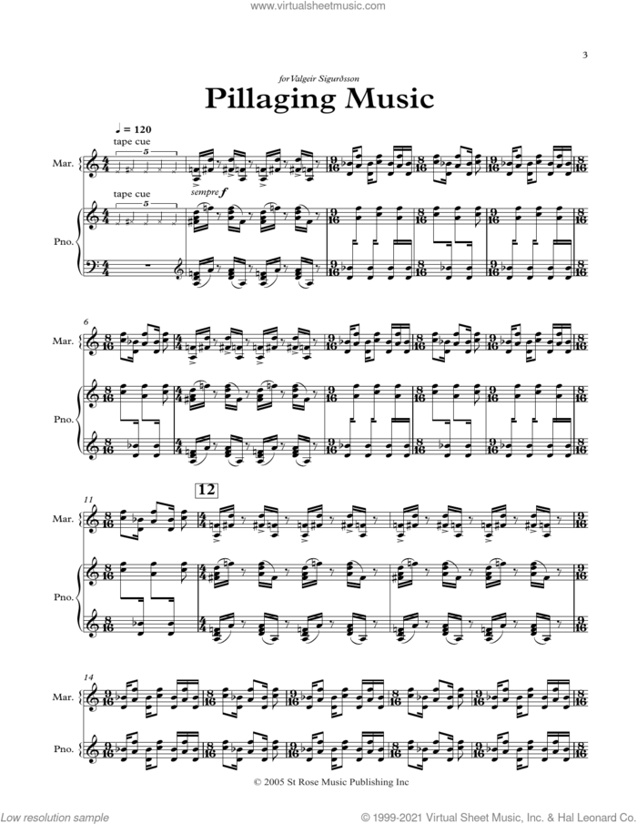 Pillaging Music (Marimba) sheet music for percussions by Nico Muhly, classical score, intermediate skill level