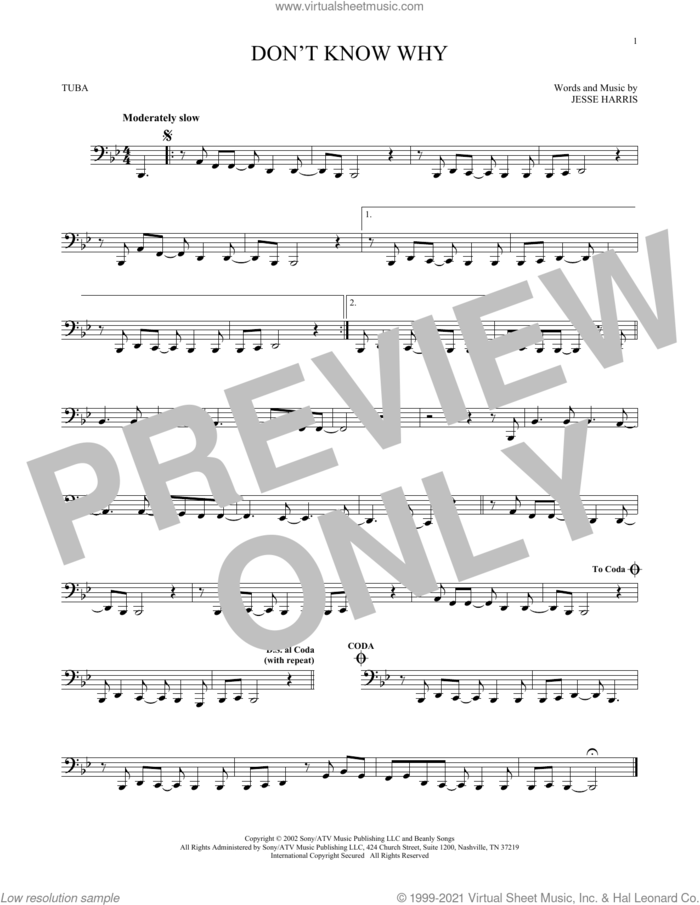 Don't Know Why sheet music for Tuba Solo (tuba) by Norah Jones and Jesse Harris, intermediate skill level