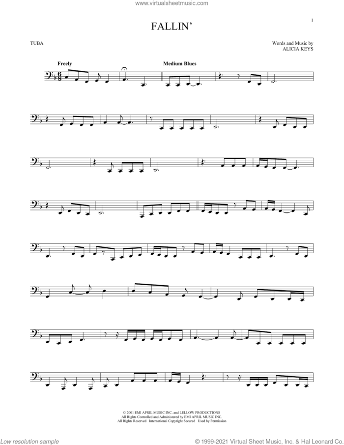 Fallin' sheet music for Tuba Solo (tuba) by Alicia Keys, intermediate skill level