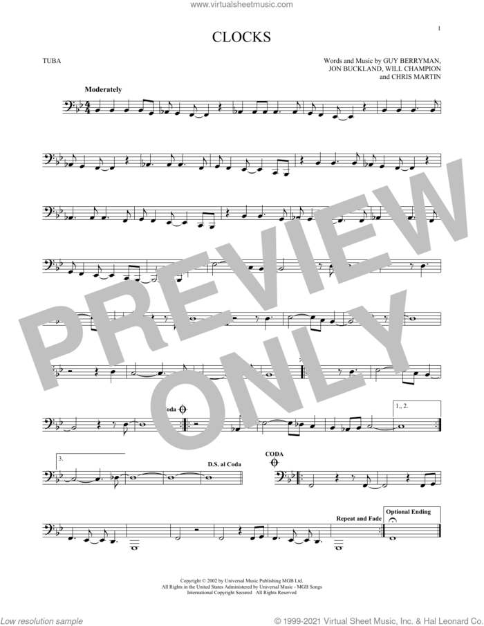Clocks sheet music for Tuba Solo (tuba) by Coldplay, Chris Martin, Guy Berryman, Jon Buckland and Will Champion, intermediate skill level