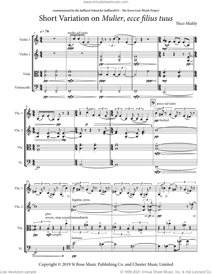 Short Variation on Mulier, ecce filius tuus sheet music for string quartet (score ands) by Nico Muhly, classical score, intermediate skill level