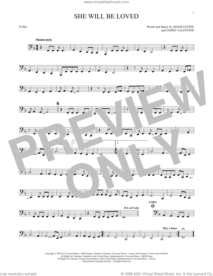 She Will Be Loved sheet music for Tuba Solo (tuba) by Maroon 5, Adam Levine and James Valentine, intermediate skill level