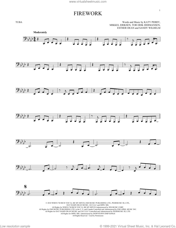 Firework sheet music for Tuba Solo (tuba) by Katy Perry, Ester Dean, Mikkel Eriksen, Sandy Wilhelm and Tor Erik Hermansen, intermediate skill level