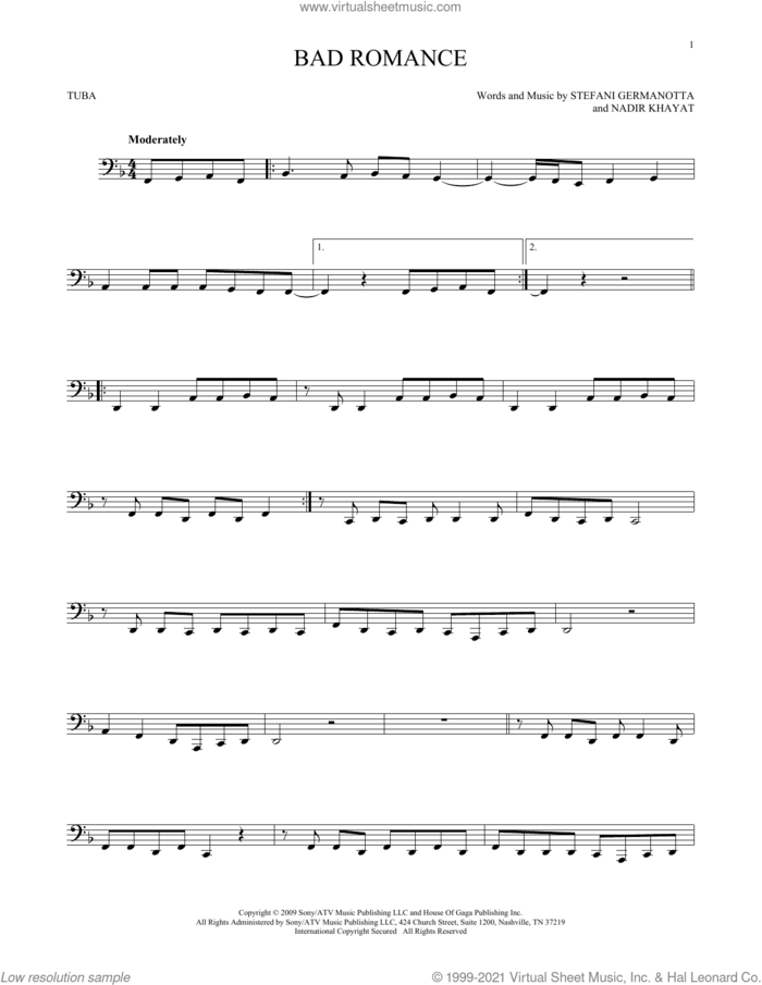 Bad Romance sheet music for Tuba Solo (tuba) by Lady Gaga and Nadir Khayat, intermediate skill level