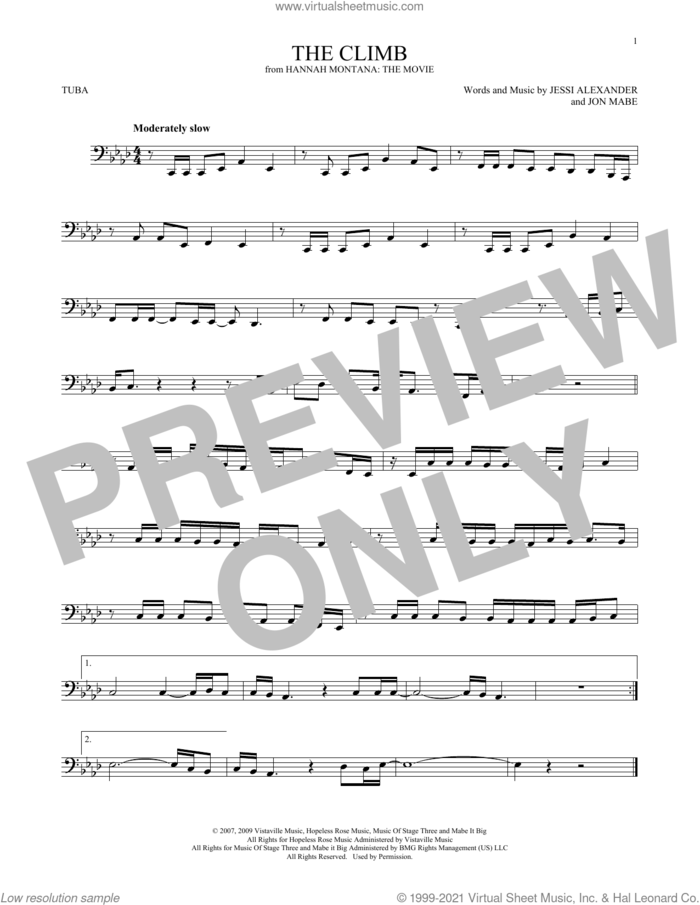 The Climb (from Hannah Montana: The Movie) sheet music for Tuba Solo (tuba) by Miley Cyrus, Jessi Alexander and Jon Mabe, intermediate skill level