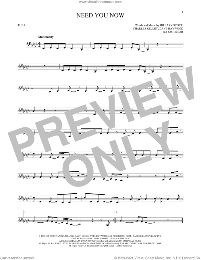 Need You Now sheet music for Tuba Solo (tuba) by Lady A, Charles Kelley, Dave Haywood, Hillary Scott and Josh Kear, intermediate skill level
