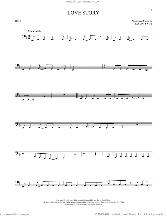 Love Story sheet music for Tuba Solo (tuba) by Taylor Swift, intermediate skill level
