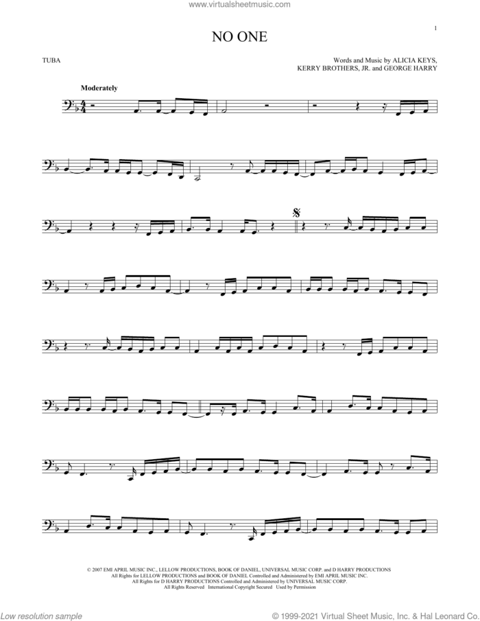 No One sheet music for Tuba Solo (tuba) by Alicia Keys, George Harry and Kerry Brothers, intermediate skill level