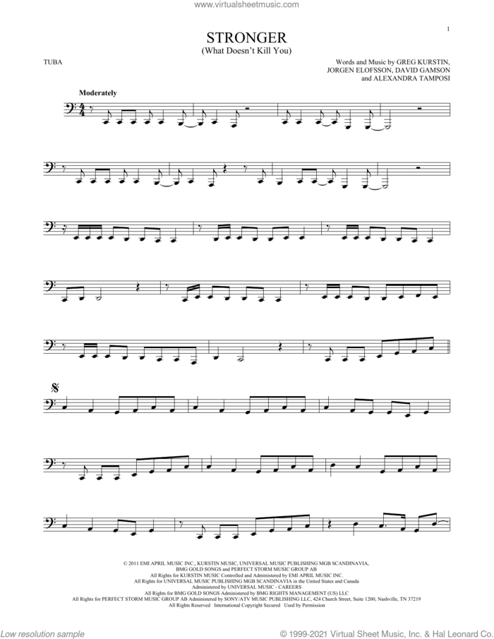 Stronger (What Doesn't Kill You) sheet music for Tuba Solo (tuba) by Kelly Clarkson, Alexandra Tamposi, David Gamson, Greg Kurstin and Jorgen Elofsson, intermediate skill level
