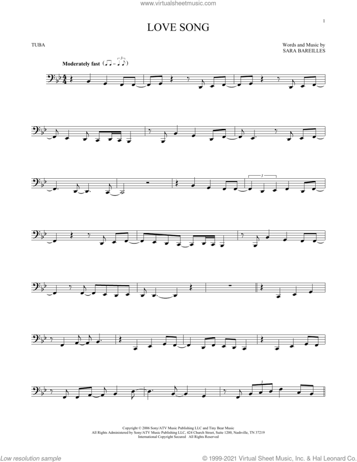 Love Song sheet music for Tuba Solo (tuba) by Sara Bareilles, intermediate skill level