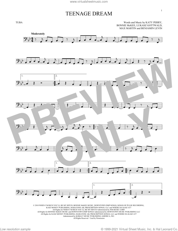 Teenage Dream sheet music for Tuba Solo (tuba) by Katy Perry, Benjamin Levin, Bonnie McKee, Lukasz Gottwald and Max Martin, intermediate skill level