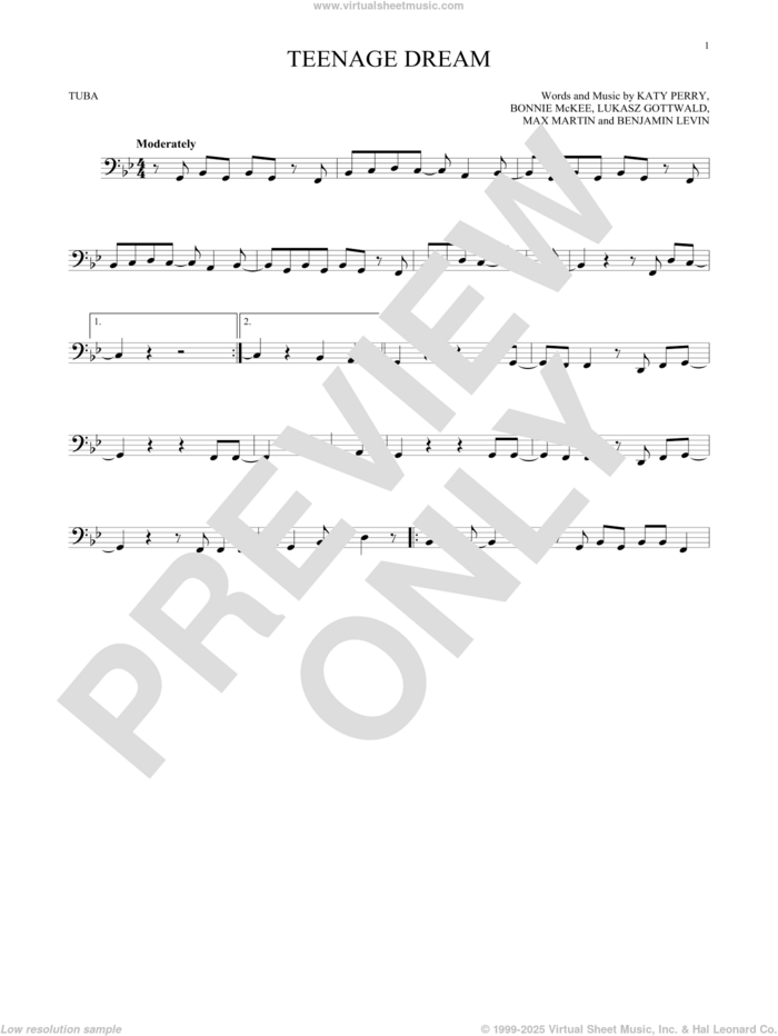 Teenage Dream sheet music for Tuba Solo (tuba) by Katy Perry, Benjamin Levin, Bonnie McKee, Lukasz Gottwald and Max Martin, intermediate skill level