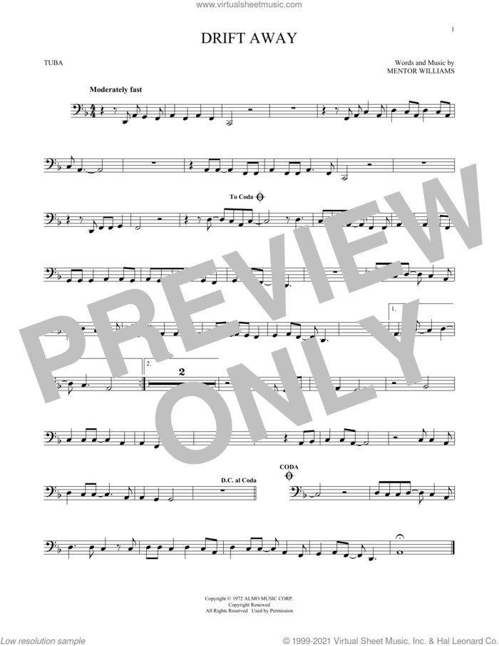 Drift Away sheet music for Tuba Solo (tuba) by Dobie Gray, Uncle Kracker featuring Dobie Gray and Mentor Williams, intermediate skill level