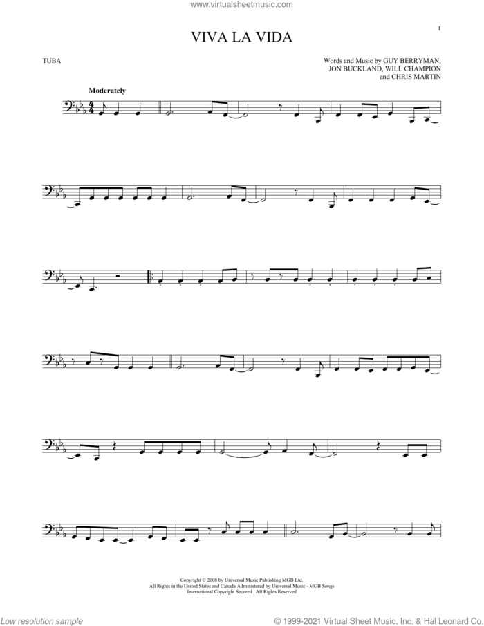 Viva La Vida sheet music for Tuba Solo (tuba) by Coldplay, Chris Martin, Guy Berryman, Jon Buckland and Will Champion, intermediate skill level