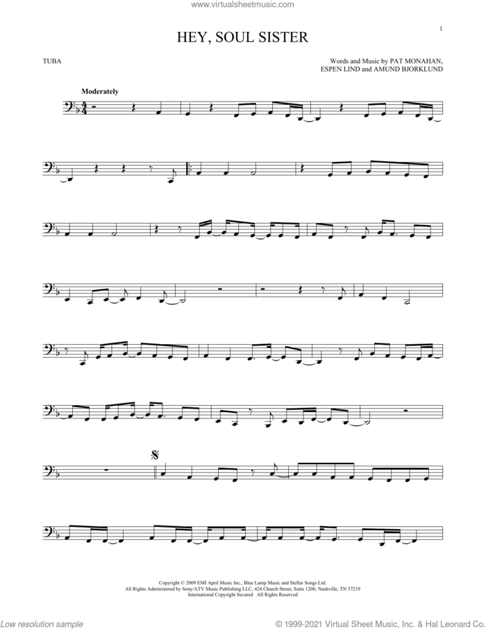 Hey, Soul Sister sheet music for Tuba Solo (tuba) by Train, Amund Bjorklund, Espen Lind and Pat Monahan, intermediate skill level