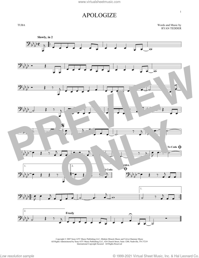 Apologize sheet music for Tuba Solo (tuba) by OneRepublic and Ryan Tedder, intermediate skill level