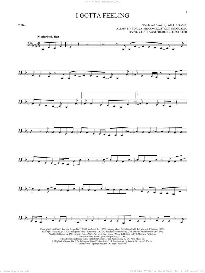 I Gotta Feeling sheet music for Tuba Solo (tuba) by Will Adams, Black Eyed Peas, Allan Pineda, David Guetta, Frederic Riesterer, Jaime Gomez and Stacy Ferguson, intermediate skill level