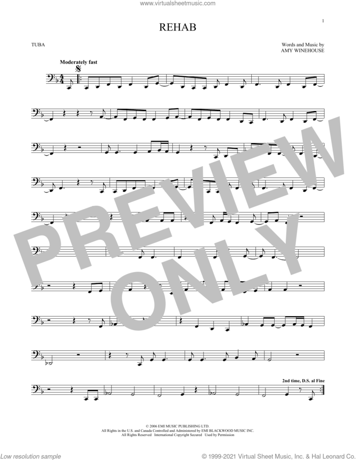 Rehab sheet music for Tuba Solo (tuba) by Amy Winehouse, intermediate skill level