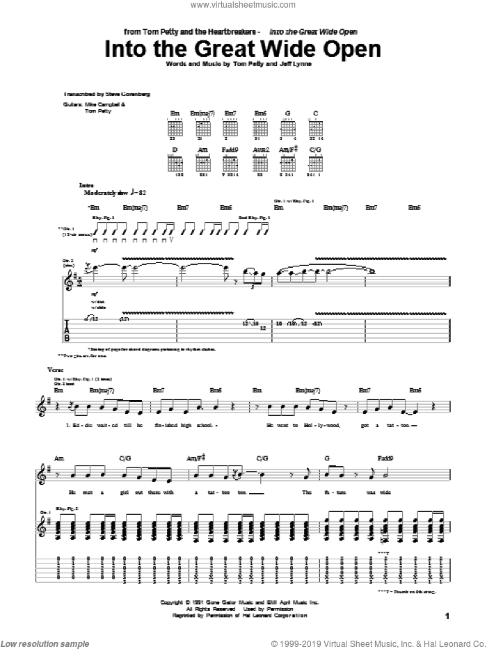 Into The Great Wide Open sheet music for guitar (tablature) by Tom Petty And The Heartbreakers, Jeff Lynne and Tom Petty, intermediate skill level