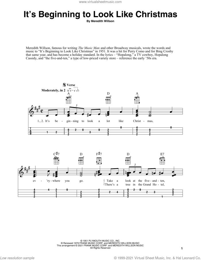 It's Beginning To Look Like Christmas (arr. Fred Sokolow) sheet music for ukulele by Meredith Willson and Fred Sokolow, intermediate skill level