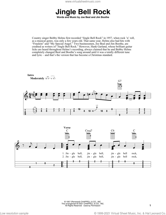 Jingle Bell Rock (arr. Fred Sokolow) sheet music for ukulele by Bobby Helms, Fred Sokolow, Jim Boothe and Joe Beal, intermediate skill level