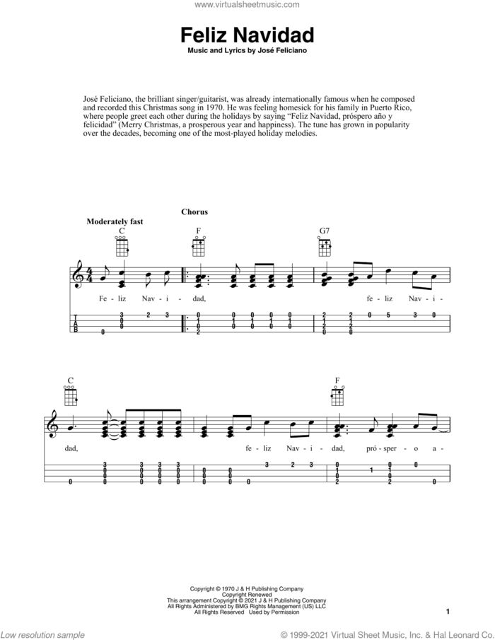 Feliz Navidad (arr. Fred Sokolow) sheet music for ukulele by Jose Feliciano and Fred Sokolow, intermediate skill level