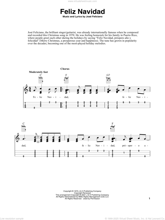 Feliz Navidad (arr. Fred Sokolow) sheet music for ukulele by Jose Feliciano and Fred Sokolow, intermediate skill level