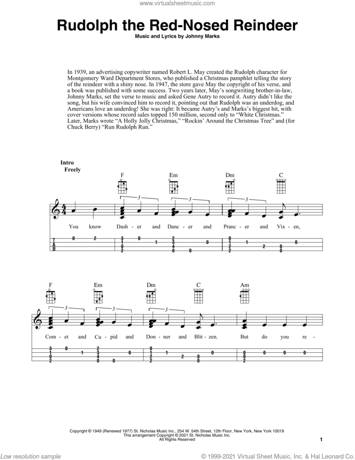 Rudolph The Red-Nosed Reindeer (arr. Fred Sokolow) sheet music for ukulele by Johnny Marks and Fred Sokolow, intermediate skill level
