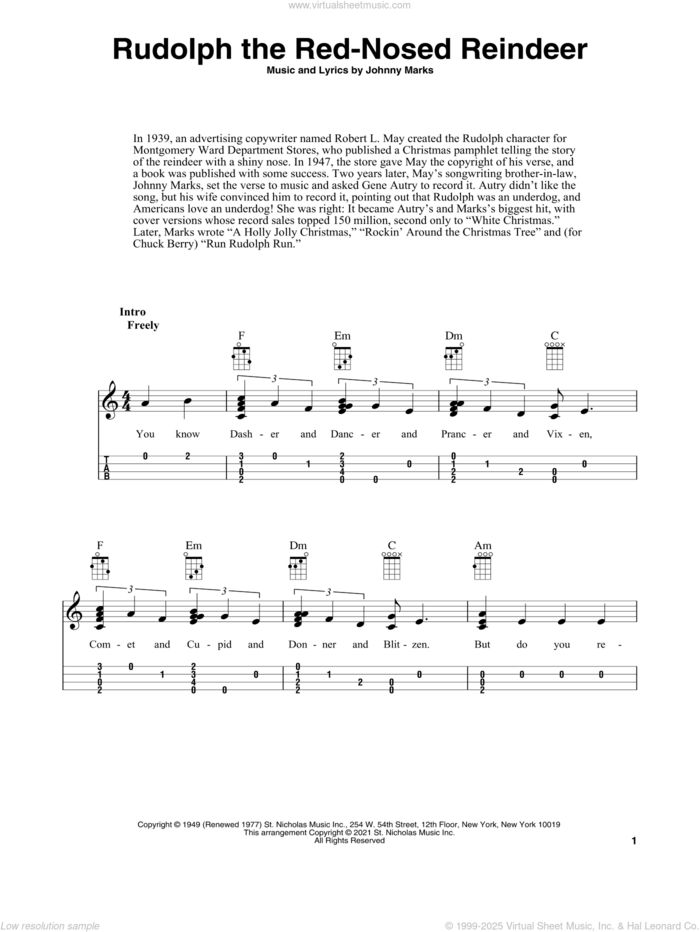 Rudolph The Red-Nosed Reindeer (arr. Fred Sokolow) sheet music for ukulele by Johnny Marks and Fred Sokolow, intermediate skill level