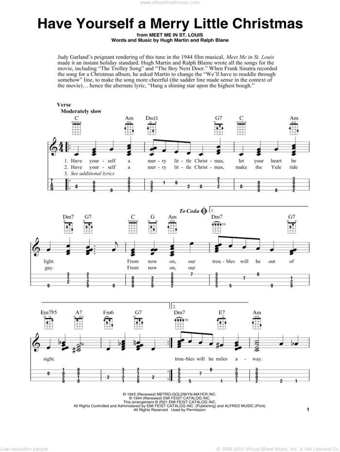 Have Yourself A Merry Little Christmas (arr. Fred Sokolow) sheet music for ukulele by Hugh Martin, Fred Sokolow and Ralph Blane, intermediate skill level
