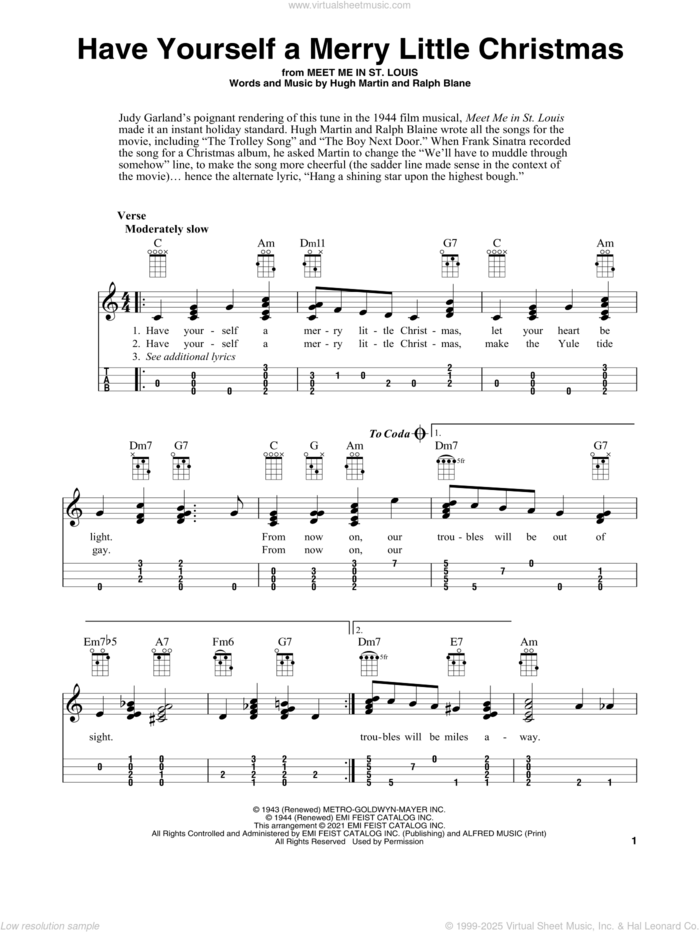 Have Yourself A Merry Little Christmas (arr. Fred Sokolow) sheet music for ukulele by Hugh Martin, Fred Sokolow and Ralph Blane, intermediate skill level