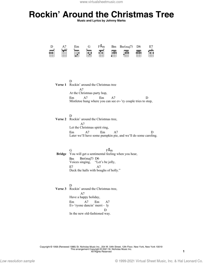 Rockin' Around The Christmas Tree (arr. Fred Sokolow) sheet music for ukulele by Johnny Marks and Fred Sokolow, intermediate skill level