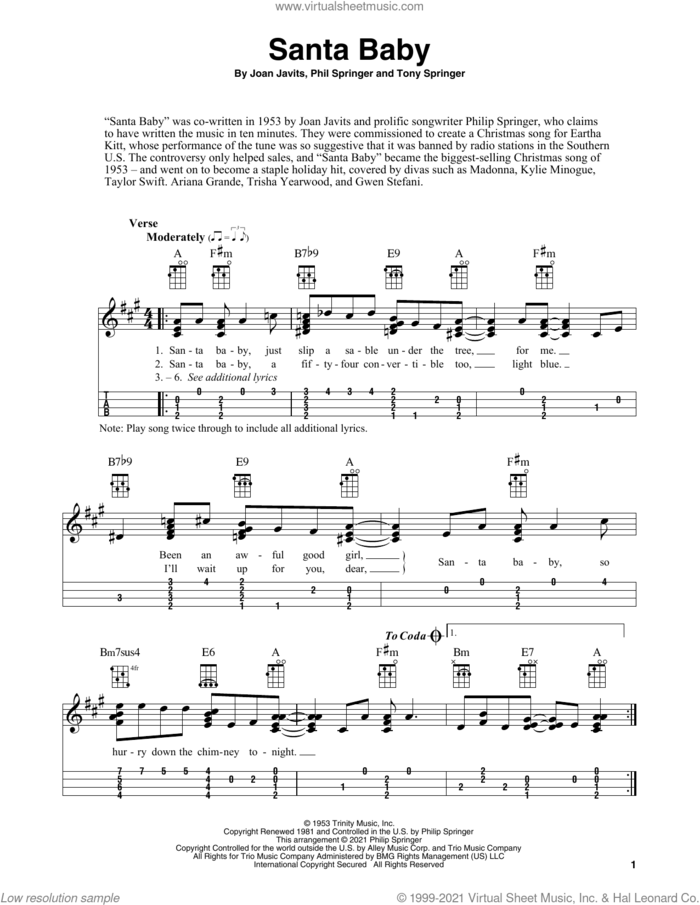 Santa Baby (arr. Fred Sokolow) sheet music for ukulele by Eartha Kitt, Fred Sokolow, Joan Javits, Phil Springer and Tony Springer, intermediate skill level
