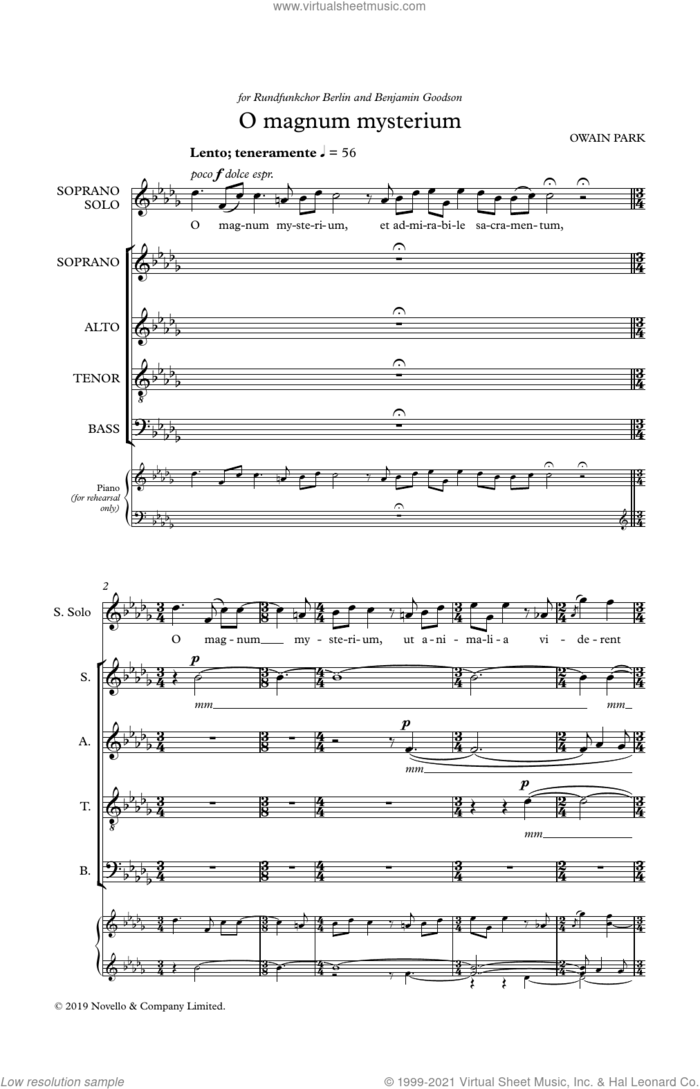 O Magnum Mysterium sheet music for choir (SATB: soprano, alto, tenor, bass) by Owain Park, intermediate skill level