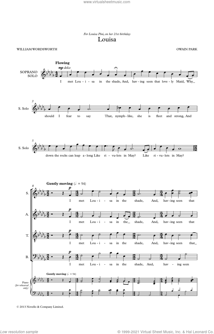 Louisa sheet music for choir (SATB: soprano, alto, tenor, bass) by Owain Park, intermediate skill level