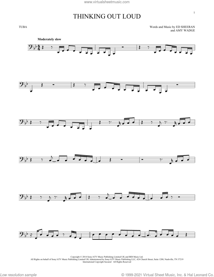 Thinking Out Loud sheet music for Tuba Solo (tuba) by Ed Sheeran and Amy Wadge, wedding score, intermediate skill level