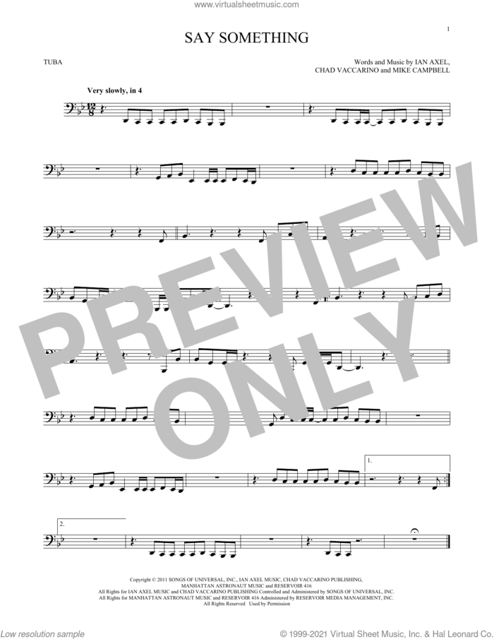 Say Something sheet music for Tuba Solo (tuba) by A Great Big World, Chad Vaccarino, Ian Axel and Mike Campbell, intermediate skill level