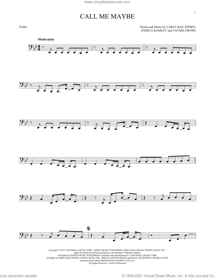 Call Me Maybe sheet music for Tuba Solo (tuba) by Carly Rae Jepsen, Joshua Ramsay and Tavish Crowe, intermediate skill level