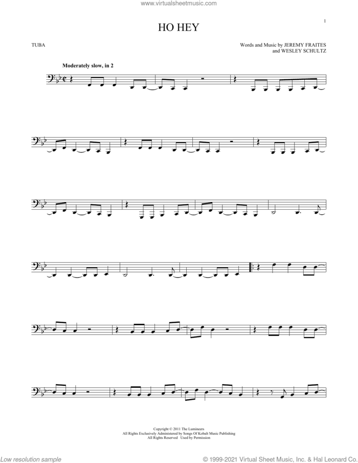 Ho Hey sheet music for Tuba Solo (tuba) by The Lumineers, Jeremy Fraites and Wesley Schultz, intermediate skill level