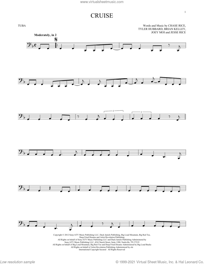 Cruise sheet music for Tuba Solo (tuba) by Florida Georgia Line, Brian Kelley, Chase Rice, Jesse Rice, Joey Moi and Tyler Hubbard, intermediate skill level