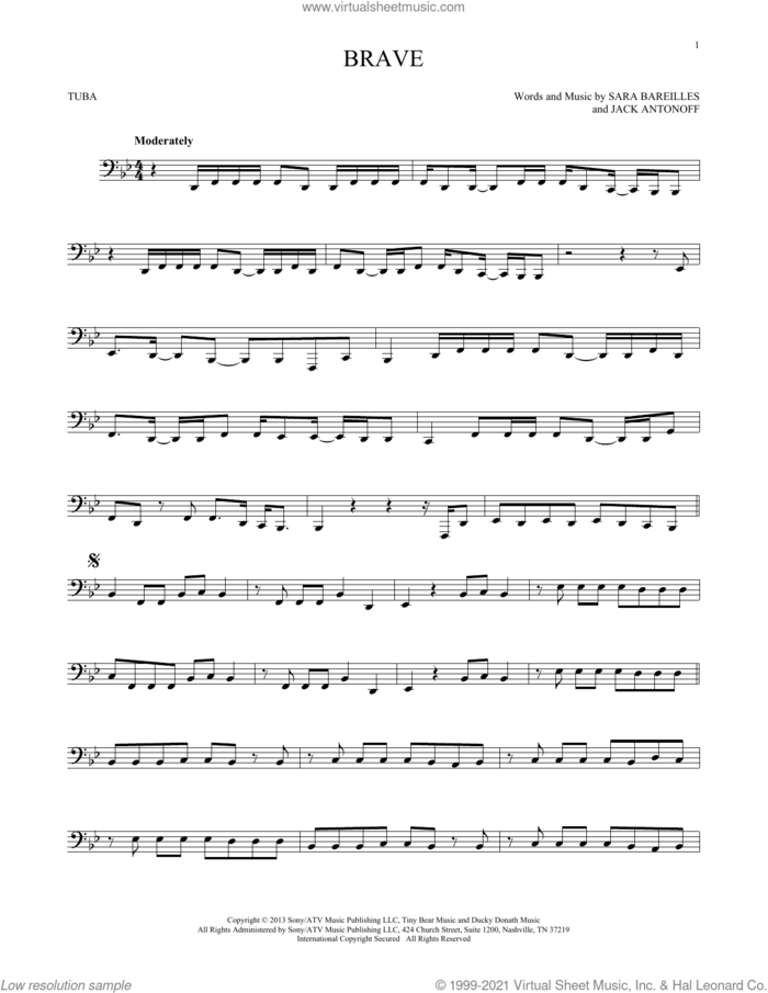 Brave sheet music for Tuba Solo (tuba) by Sara Bareilles and Jack Antonoff, intermediate skill level