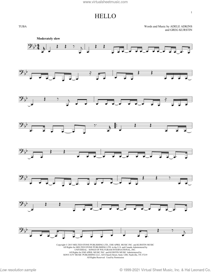 Hello sheet music for Tuba Solo (tuba) by Adele, Adele Adkins and Greg Kurstin, intermediate skill level
