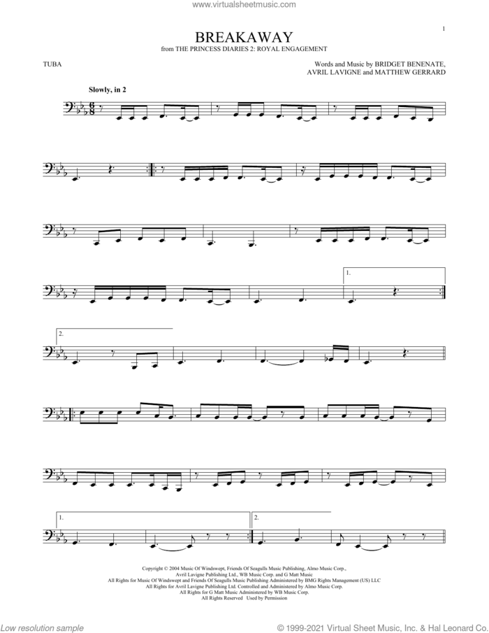 Breakaway sheet music for Tuba Solo (tuba) by Kelly Clarkson, Avril Lavigne, Bridget Benenate and Matthew Gerrard, intermediate skill level