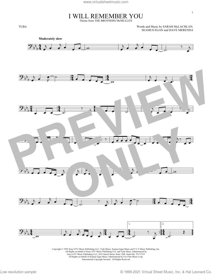I Will Remember You sheet music for Tuba Solo (tuba) by Sarah McLachlan, Dave Merenda and Seamus Egan, intermediate skill level
