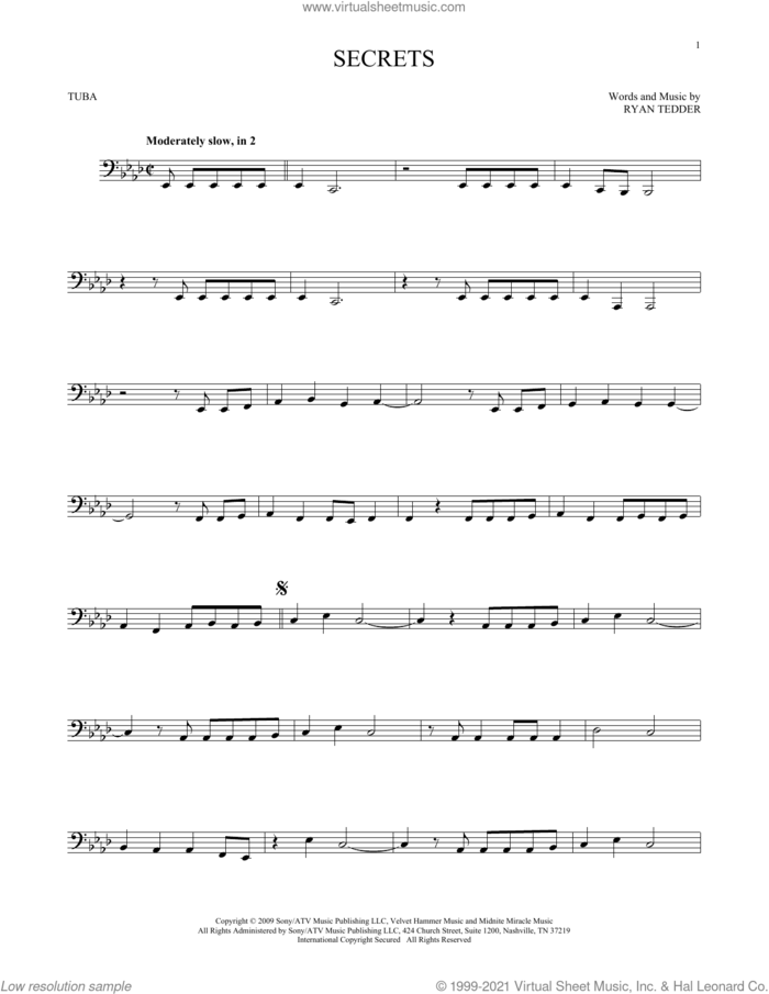 Secrets sheet music for Tuba Solo (tuba) by OneRepublic and Ryan Tedder, intermediate skill level
